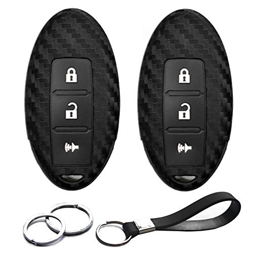 2pcs Compatible with Nissan Infiniti KBRASTU15 Smart 3 Buttons Carbon Fiber Looks Silicone FOB Key Case Cover Protector Keyless Remote Holder for 2002-2018 Pathfinder Armada Tiida Xterra X-Trail Quest