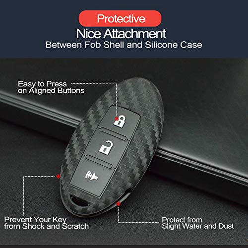 2pcs Compatible with Nissan Infiniti KBRASTU15 Smart 3 Buttons Carbon Fiber Looks Silicone FOB Key Case Cover Protector Keyless Remote Holder for 2002-2018 Pathfinder Armada Tiida Xterra X-Trail Quest