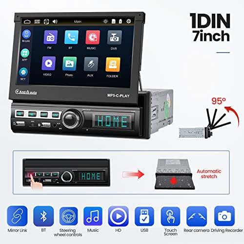 Single Din Flip Out Touch Screen Car Stereo with Apple Carplay and Android Auto, 1 Din Radio Support Bluetooth Mirror Link Remote Control USB TF Card FM Radio Microphone