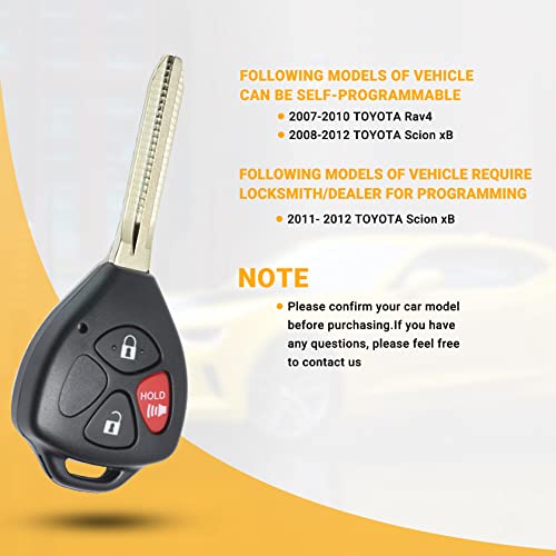 Key Fob Keyless Entry Remote Compatible with Toyota 2007-2010 Rav4丨2008- 2012 Scion xB 3 Buttons Car Key Replacement FCC:HYQ12BBY