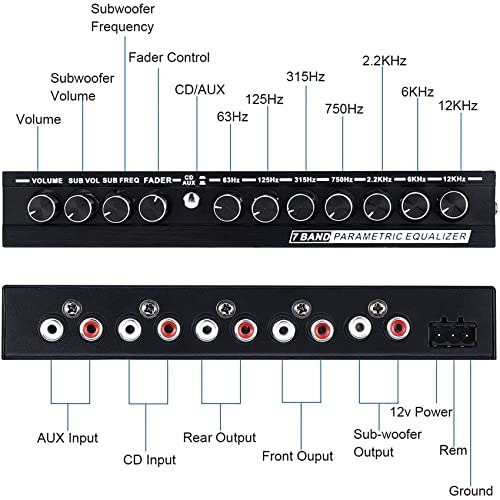 Erhai 7-Band Car Audio Equalizer, Adjustable 7 Bands EQ Car Amplifier Graphic Equalizer with CD/AUX Input Select Switch,Black