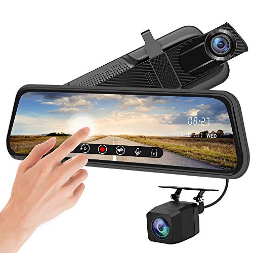 Backup Camera 10 inch Mirror Dash Cam Dual Lens Front Rear Dash Camera 1080P Full Touch Screen Video Streaming Rear View Mirror Loop Recording, Parking Monitor, Night Vision, Waterproof Rear Camera