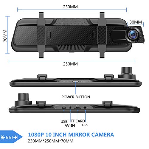 Backup Camera 10 inch Mirror Dash Cam Dual Lens Front Rear Dash Camera 1080P Full Touch Screen Video Streaming Rear View Mirror Loop Recording, Parking Monitor, Night Vision, Waterproof Rear Camera