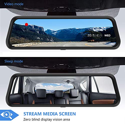 Backup Camera 10 inch Mirror Dash Cam Dual Lens Front Rear Dash Camera 1080P Full Touch Screen Video Streaming Rear View Mirror Loop Recording, Parking Monitor, Night Vision, Waterproof Rear Camera