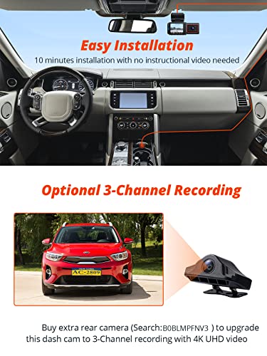 Kingslim D6 4K Dual Dash Cam - WiFi & GPS Front and Inside Uber Car Camera with Super Night Vision and Parking Monitor, 3 Channel Dash Cam Upgradeable, Type C Charging, 256GB Supported