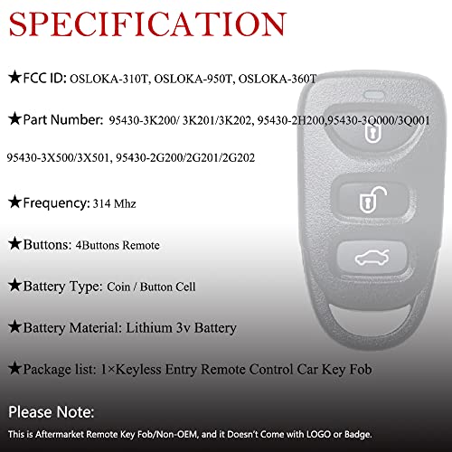 Key Fob Remote Replacement Fits for Hyundai Elantra 2006-2016/Sonata 2007-2015/Kia Optima 2006-2010 OSLOKA-950T/310T/360T Keyless Entry Remote Control 315MHz