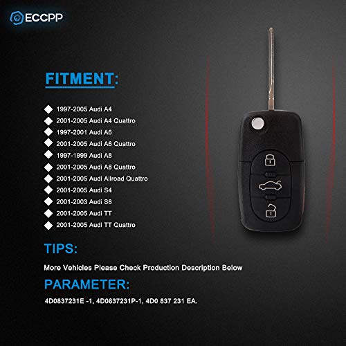 ECCPP Replacement fit for Uncut Keyless Entry Remote Key Fob Case Audi Series 4D0837231E (Pack of 2)