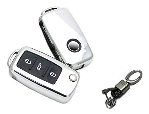 Soft TPU Key Fob Cover Case Fit for VW Volkswagen Jetta Polo Tiguan Beetle Golf GTI/R/MK6 5 Passat Sharan Skoda Octavia Rapid Accessories Keyless Remote Holder Skin Jacket Protector (Silver)