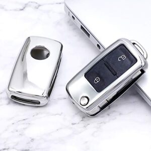 Soft TPU Key Fob Cover Case Fit for VW Volkswagen Jetta Polo Tiguan Beetle Golf GTI/R/MK6 5 Passat Sharan Skoda Octavia Rapid Accessories Keyless Remote Holder Skin Jacket Protector (Silver)