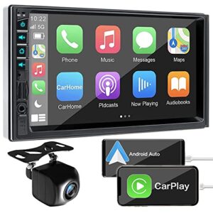 7 inch double din car stereo for apple carplay & android auto with voice control,bluetooth5.2,mirrorlink, car radio with waterproof front/backup camera,subwoofer,hd touch screen swc/usb/sd am/fm/aux