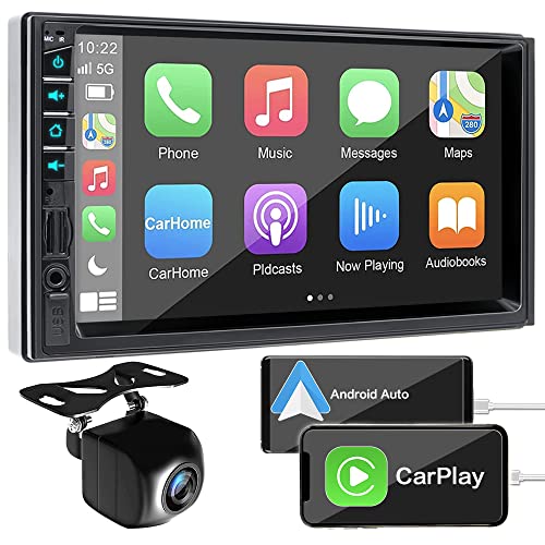 7 Inch Double Din Car Stereo for Apple Carplay & Android Auto with Voice Control,Bluetooth5.2,MirrorLink, Car Radio with Waterproof Front/Backup Camera,Subwoofer,HD Touch Screen SWC/USB/SD AM/FM/AUX