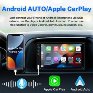 7 Inch Double Din Car Stereo for Apple Carplay & Android Auto with Voice Control,Bluetooth5.2,MirrorLink, Car Radio with Waterproof Front/Backup Camera,Subwoofer,HD Touch Screen SWC/USB/SD AM/FM/AUX