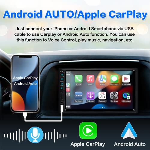 7 Inch Double Din Car Stereo for Apple Carplay & Android Auto with Voice Control,Bluetooth5.2,MirrorLink, Car Radio with Waterproof Front/Backup Camera,Subwoofer,HD Touch Screen SWC/USB/SD AM/FM/AUX