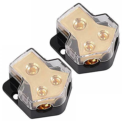 VonSom 2 Way Power Distribution Block, 1x 0/2/4 AWG Gauge in / 2X 4/8/10 Gauge Out Amp Power Distribution Ground Distributor Connecting Block for Car Amplifier Audio Splitter 2 Pack