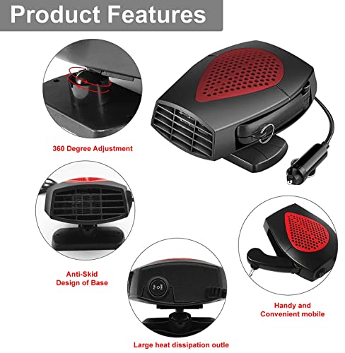 Portable Car Heater, Auto Heater Fan, Car Defogger, Fast Heating Quickly Defrost Defogger 12V 150W Auto Ceramic Heater Fan 3-Outlet Plug in Cig Lighter