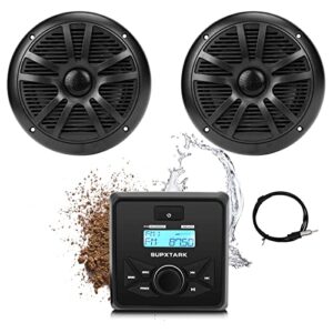 marine stereo audio system with marine speakers and gauge receiver package, ipx6 weatherproof bluetooth audio receiver and am fm radio receiver, usb, mp3, aux input, 2 x 6.5 inch black marine speakers