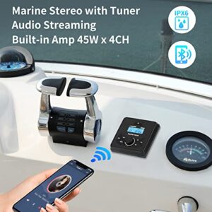 Marine Stereo Audio System with Marine Speakers and Gauge Receiver Package, IPX6 Weatherproof Bluetooth Audio Receiver and AM FM Radio Receiver, USB, MP3, Aux input, 2 x 6.5 Inch Black Marine Speakers