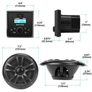 Marine Stereo Audio System with Marine Speakers and Gauge Receiver Package, IPX6 Weatherproof Bluetooth Audio Receiver and AM FM Radio Receiver, USB, MP3, Aux input, 2 x 6.5 Inch Black Marine Speakers