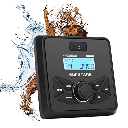 Marine Stereo Audio System with Marine Speakers and Gauge Receiver Package, IPX6 Weatherproof Bluetooth Audio Receiver and AM FM Radio Receiver, USB, MP3, Aux input, 2 x 6.5 Inch Black Marine Speakers