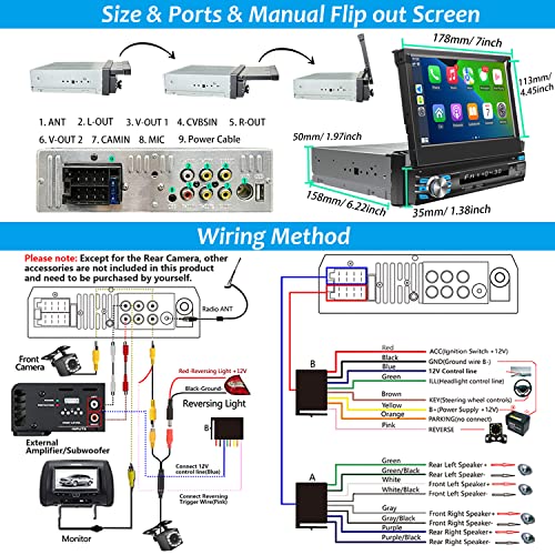 Single Din Car Stereo Compatible with Apple Carplay Android Auto, 7inch HD Flip Out Screen Car Stereo with Bluetooth, Single Din Touchscreen Car Stereo Car Audio Receivers, FM/USB/AUX/TF/Subwoofer