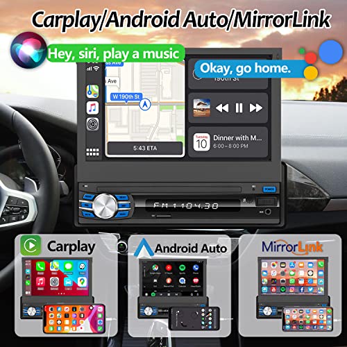 Single Din Car Stereo Compatible with Apple Carplay Android Auto, 7inch HD Flip Out Screen Car Stereo with Bluetooth, Single Din Touchscreen Car Stereo Car Audio Receivers, FM/USB/AUX/TF/Subwoofer