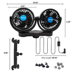 Car Fan 12V Automobile Cooling Fan for Backseat, Portable Cigarette Lighter Plug Car Seat Fan 360 Degree Dual Head Rotatable with Stepless Speed Regulation for SUV, RV, Van, Vehicles