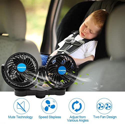 Car Fan 12V Automobile Cooling Fan for Backseat, Portable Cigarette Lighter Plug Car Seat Fan 360 Degree Dual Head Rotatable with Stepless Speed Regulation for SUV, RV, Van, Vehicles