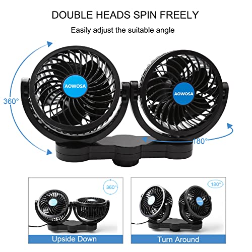 Car Fan 12V Automobile Cooling Fan for Backseat, Portable Cigarette Lighter Plug Car Seat Fan 360 Degree Dual Head Rotatable with Stepless Speed Regulation for SUV, RV, Van, Vehicles