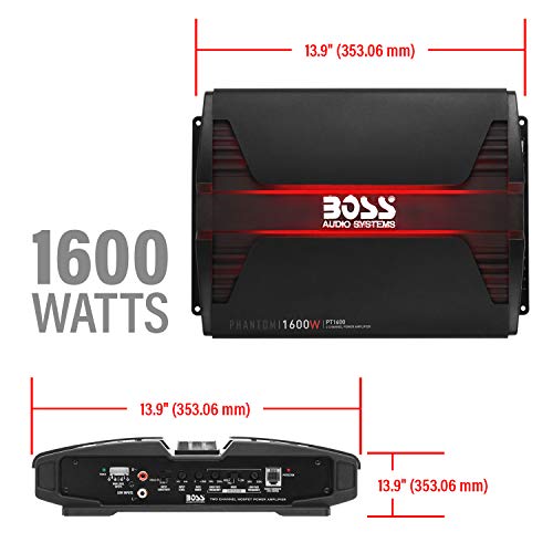 BOSS Audio Systems PT1600 Phantom Series Car Stereo Amplifier – 1600 High Output, 2 Channel, Class A/B, 2/4 Ohm, High/Low Level Inputs, High/Low Pass Crossover, Full Range, Mosfet, Bridgeable