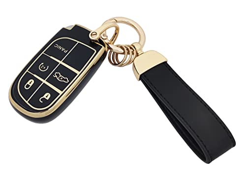 vurbemes TPU Key Fob Cover Case with Keychain fit for Grand Cherokee Renegade Chrysler 200 300 Dodge RAM Durango Challenger Journey Dart Fiat Smart Keyless Entry Key Fob (Black)