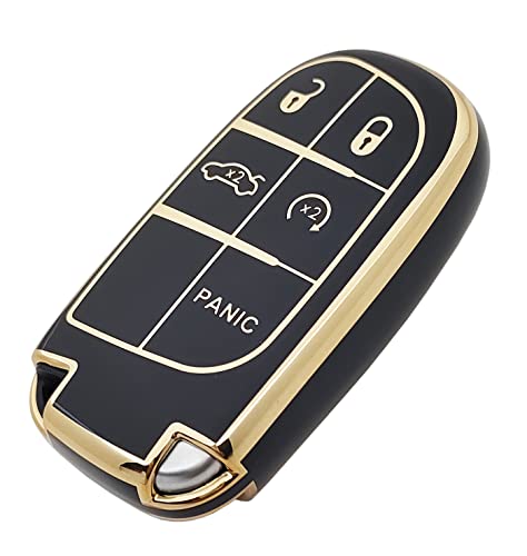 vurbemes TPU Key Fob Cover Case with Keychain fit for Grand Cherokee Renegade Chrysler 200 300 Dodge RAM Durango Challenger Journey Dart Fiat Smart Keyless Entry Key Fob (Black)