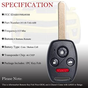 Key Fob Remote Replacement Fits for Honda Pilot 2009 2010 2011 2012 2013 2014 2015/ Accord Sedan 2008-2012 KR55WK49308 Keyless Entry Remote Control 35118-TA0-A00