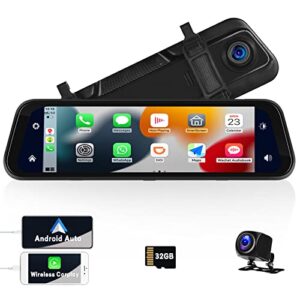 9.66″ mirror dash cam front and rear with wireless carplay android auto rear view mirror camera for cars & trucks, enhanced night vision, ips touch screen, voice control, dual cameras+32g card, 7v-36v