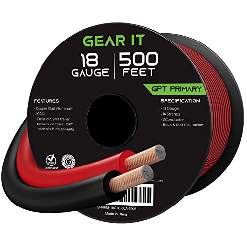 GearIT 18 Gauge Wire (500ft - Black/Red) GPT Automotive Primary Bonded Wire - Copper Clad Aluminum CCA - Car Audio, Speaker Wire, Trailer Harness, Electrical - 500 Feet Total 18ga awg