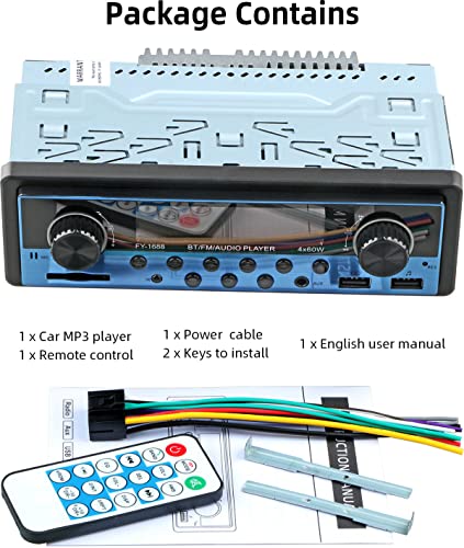 FYPLAY Dual USB Bluetooth Car Stereo, FM Radio Receiver, Hands-Free Calling, Built-in Microphone, USB/SD/AUX Port, Sky Blue Dual Knob Audio Car Multimedia MP3 Player, USB Fast Charging