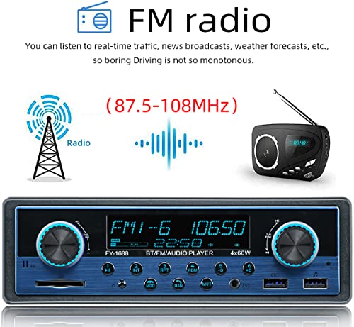 FYPLAY Dual USB Bluetooth Car Stereo, FM Radio Receiver, Hands-Free Calling, Built-in Microphone, USB/SD/AUX Port, Sky Blue Dual Knob Audio Car Multimedia MP3 Player, USB Fast Charging