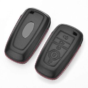 Royalfox(TM) 3 4 5 Buttons Real Leather keyless Entry Remote Key Fob case Cover Keychain for 2017 2018 2019 2020 2021 Ford Mustang Explorer Edge Fusion Mondeo F150 F250 F350 F450 F550 (Black Leather)