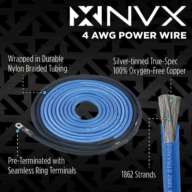 NVX XAPK4 Full Spec 4 Gauge 100% (OFC) Oxygen Free Copper Amplifier Power Wiring Kit with Speaker Wire for Amplifiers up to 1500 Watts