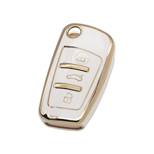 SK CUSTOM White TPU Gold Edge Smart Key Fob Case Protective Cover Compatible with Audi A1 A3 A4 A5 A6 A8 Q3 Q5 Q7 R8 RS4 S3 S4 S5 S6 S8 TT 3 Button Keyless Car Remote Accessory