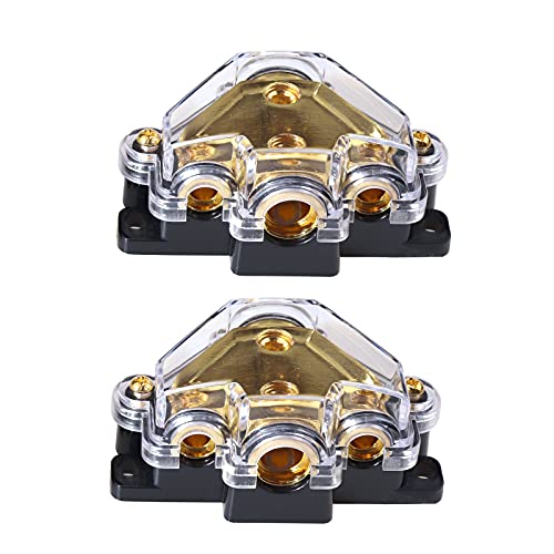 Bumbesti 2 Pack 0/2/4 Gauge in 4/8/10 Gauge Out 3 Way Power Distribution Block for Car Audio Splitter Gold