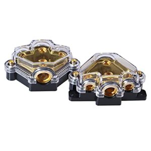 Bumbesti 2 Pack 0/2/4 Gauge in 4/8/10 Gauge Out 3 Way Power Distribution Block for Car Audio Splitter Gold