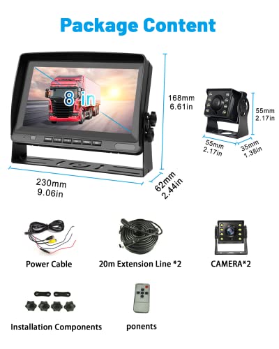 Dual Backup Camera System 8 Inch Monitor with 65FT Video Cable, AHD 1080P Night Vision Waterproof Rear View Cam for Truck/Trailer/Semi-Trailer/Box Truck/RV/Pickup Truck 12-24V