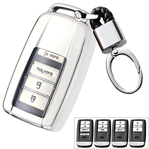 Royalfox(TM) Luxury 2 3 4 Buttons Soft TPU Smart Remote Key Fob case Cover for Acura RLX RDX MDX ILX TLX PLX NSX,with Bling Key Strap (Silver)