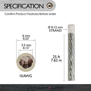 Conext Link 25 FT 10 AWG GA Full Gauge Battery Power Cable Ground Wire Clear Silver OFC Copper