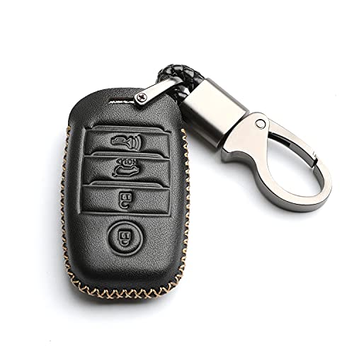 WFMJ Leather for Kia Optima K3 K6 Cerato Forte Sorento Rio Rio5 Rondo Carens Remote Smart 4 Buttons Key Case Holder Cover Fob Chain (Black)