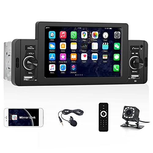 Single Din Car Stereo with Mirror Link, 5 inch Car Audio Receiver Touch Screen with Bluetooth FM AUX TF Card Input SWC EQ USB Fast Charging + Backup Camera Microphone Remote Control