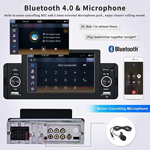 Single Din Car Stereo with Mirror Link, 5 inch Car Audio Receiver Touch Screen with Bluetooth FM AUX TF Card Input SWC EQ USB Fast Charging + Backup Camera Microphone Remote Control