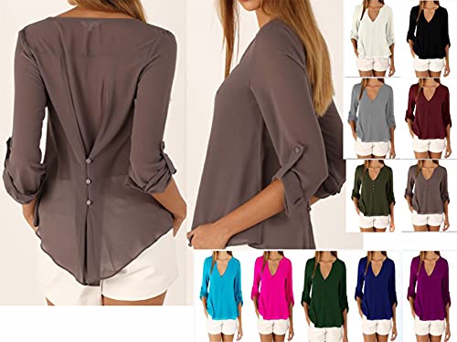 Andongnywell Women Button V-Neck Casual Tops T-Shirt Loose Top Blouse Pull Sleeve Loose Chiffon Shirt (Purple,4,X-Large)