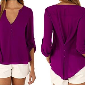 Andongnywell Women Button V-Neck Casual Tops T-Shirt Loose Top Blouse Pull Sleeve Loose Chiffon Shirt (Purple,4,X-Large)