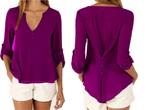 Andongnywell Women Button V-Neck Casual Tops T-Shirt Loose Top Blouse Pull Sleeve Loose Chiffon Shirt (Purple,4,X-Large)